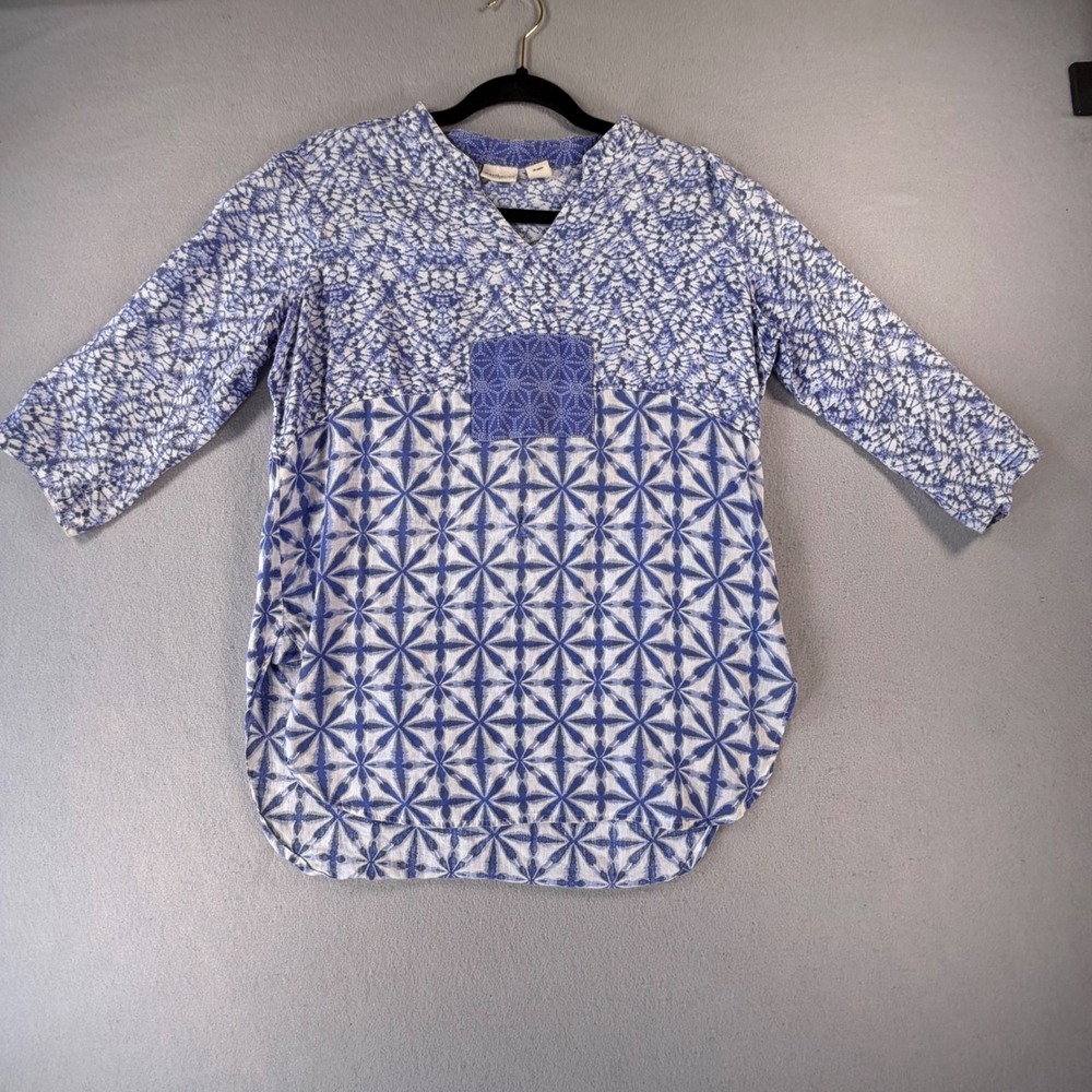 Westbound Petites Womens PM Blue White Tunic Blouse 3/4 Sleeve Linen Blend Print